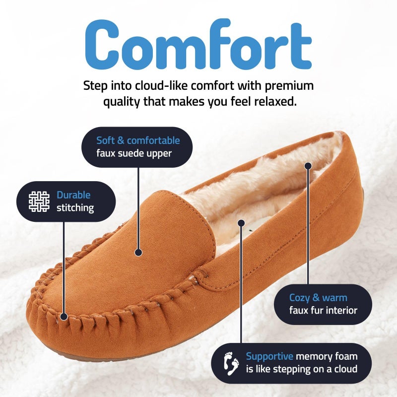 Floopi Women Slippers Moccasins, Soft Faux Fur Lining with Cozy Memory Foam, Ladies House Slippers for Women with Indoor & Outdoor Anti-Skid Sole(9, Chestnut-323) - Image 2